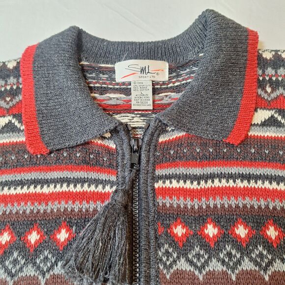 Vintage SML Sport White Red Black Ugly Christmas Sweater Full Zip Cardigan Sz L - Picture 8 of 10